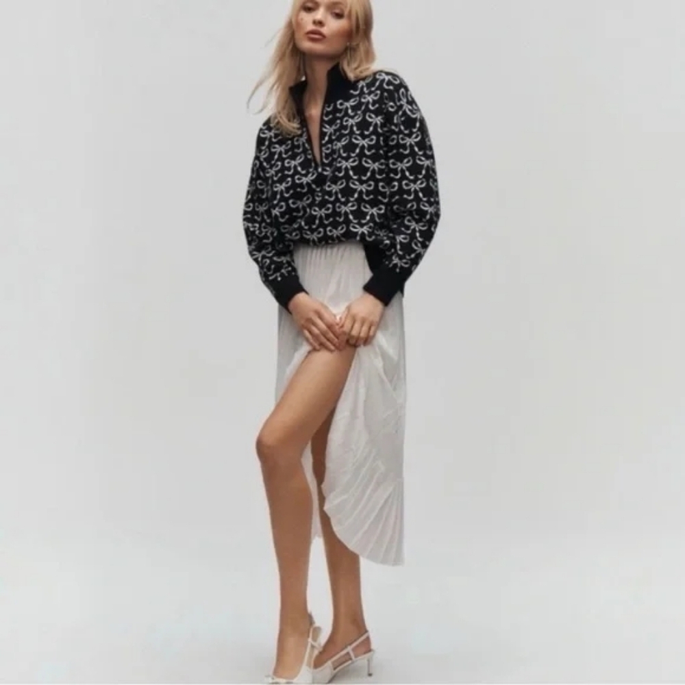 Maeve Anthropologie The Montana Mock-Neck Half-Zip Sweater‎ Black Bow Print Sz M - Picture 6 of 11